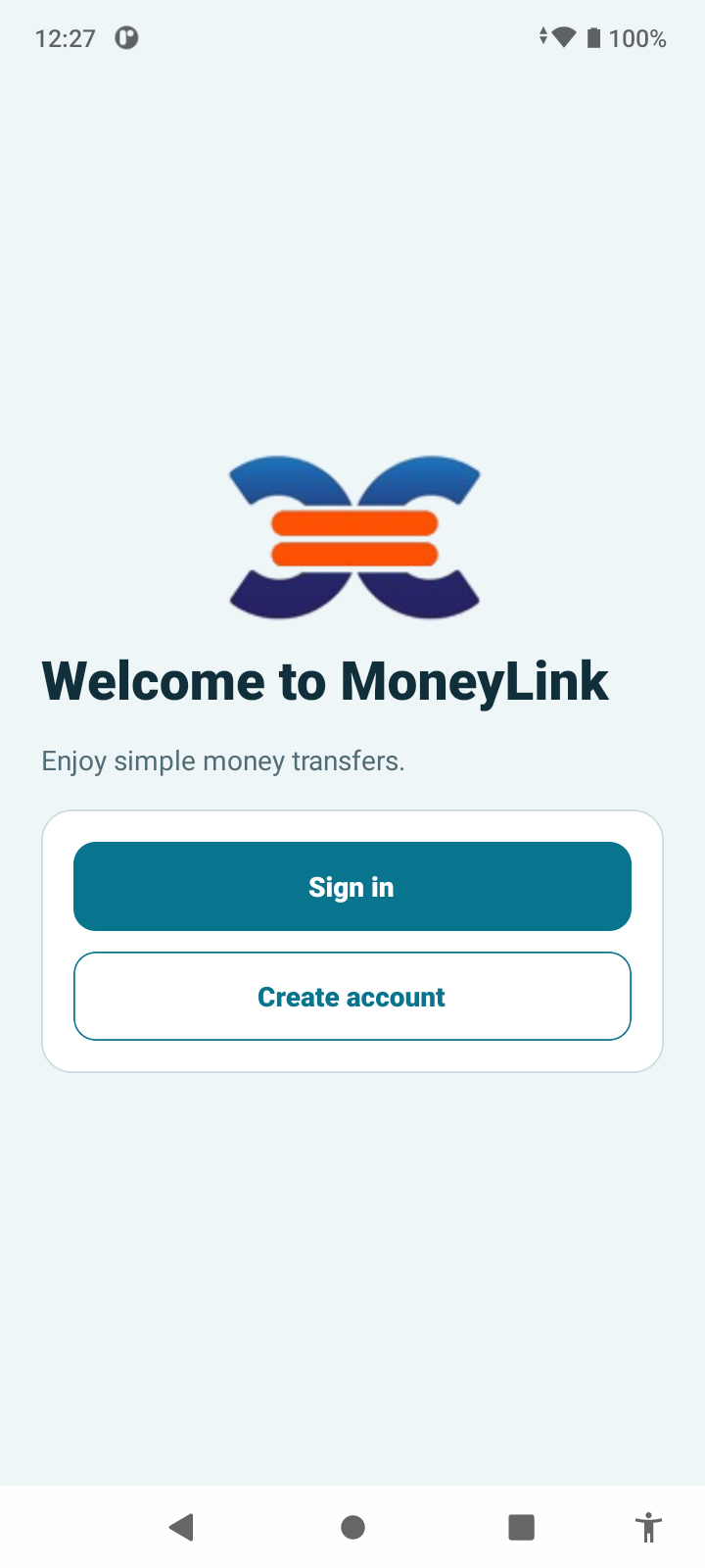 Pantalla de bienvenida de MoneyLink en Moto e40, con Iniciar sesión y Crear cuenta
